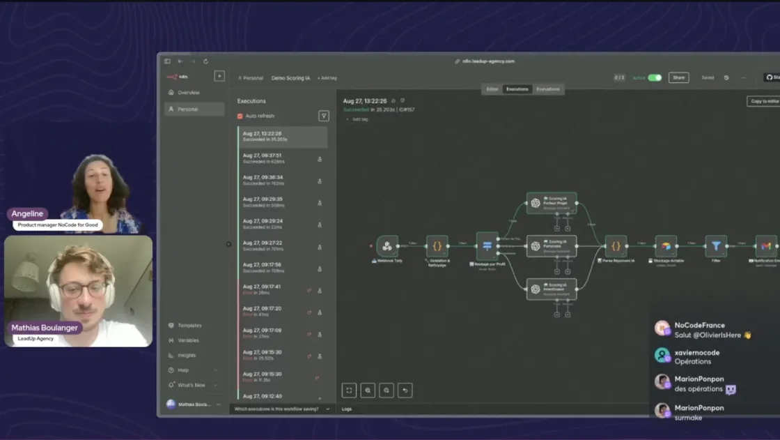 The scoring workflow in n8n during the live session