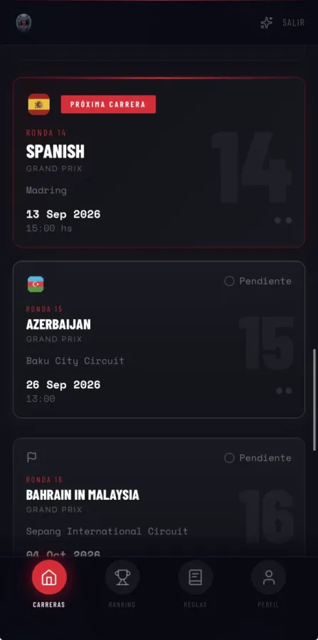 The Podium Fantasy race calendar on mobile